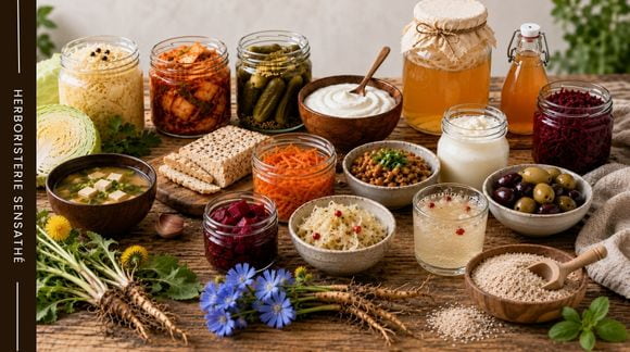 Aliments fermentés et probiotiques naturels avec choucroute, kimchi, kéfir, yaourt, miso, olives, chicorée et pissenlit - Herboristerie Sensathé